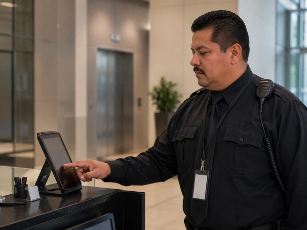 Security officer clocking in on a tablet to track work hours