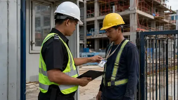Construction site guard checking a worker's ID at the entrance 