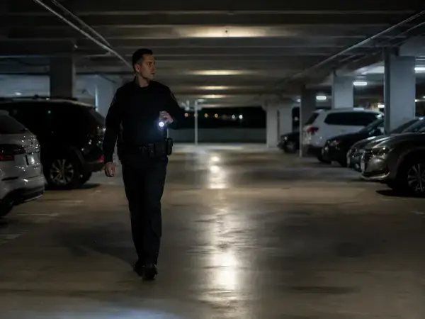 Security guard patrolling a hotel parking garage at night to deter theft