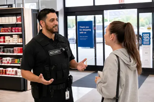 Guard calmly speaking with shopper near exit 