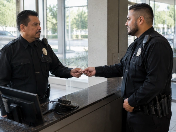 Two security guards handing over a shift at a building security post