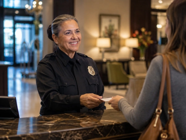 Senior security guard greeting a guest at a hotel reception desk