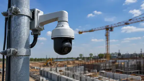 Weatherproof surveillance camera overlooking a construction site 