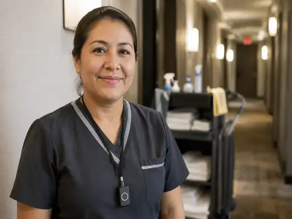 Hotel housekeeper wearing a wearable panic button for staff safety