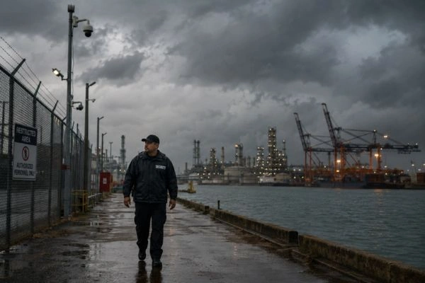 Guard patrolling Houston industrial site during storm