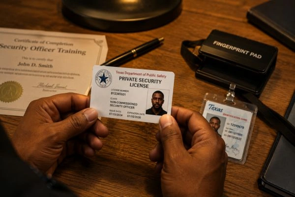 Texas security guard license and ID on desk