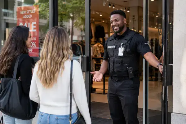 Retail security guard greeting store customers