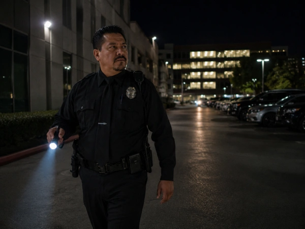 Security guard patrolling a property with a flashlight on the overnight shift