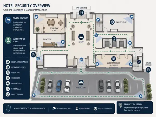 Hotel security coverage map showing camera and guard patrol zones