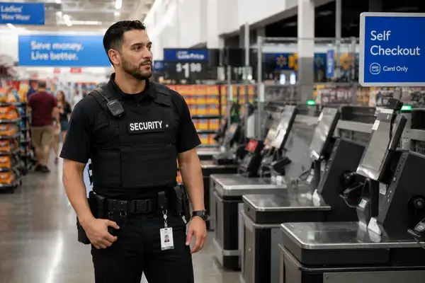Security guard monitoring self-checkout area