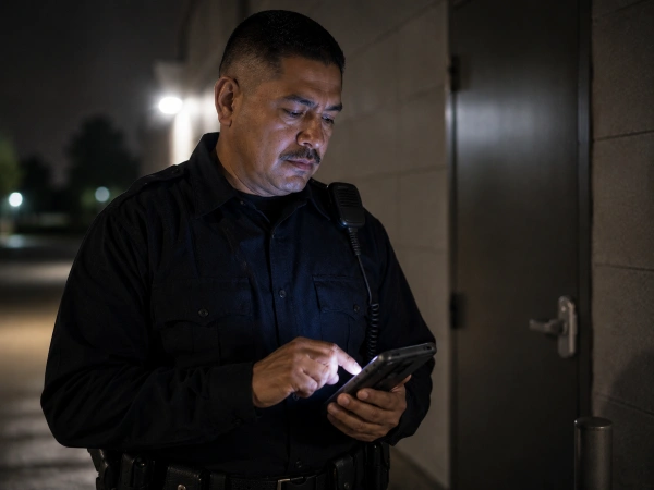 Security guard logging a GPS-documented patrol round on a handheld device