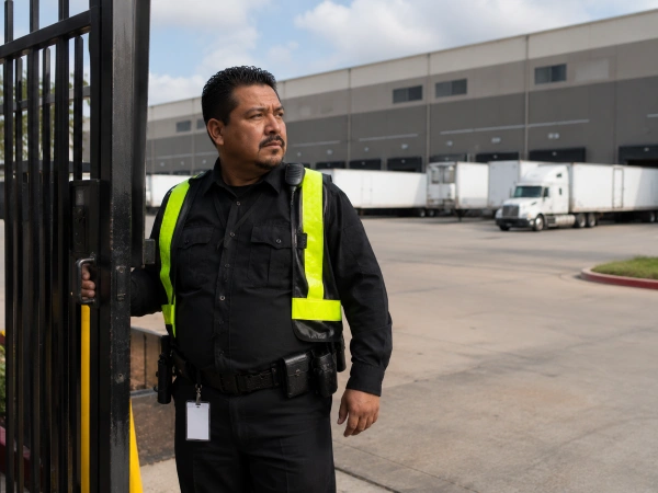 Security guard at a Houston warehouse gate during a daytime shift