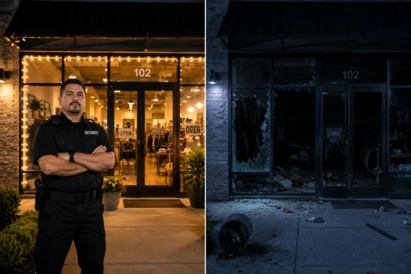 Guarded vs unguarded storefront showing security value