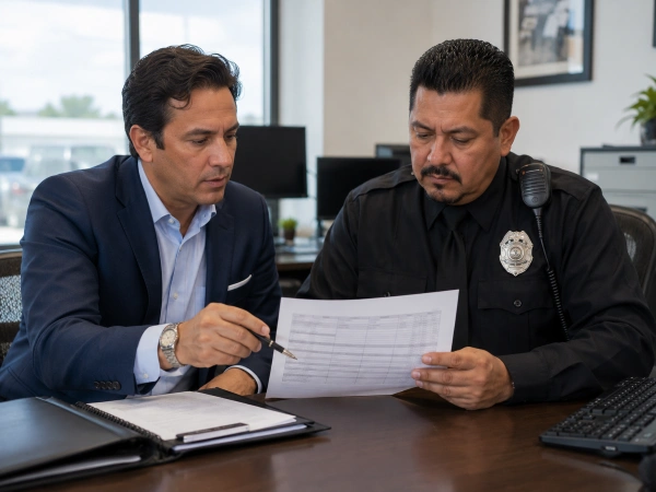 Business manager reviewing a security guard coverage plan with a supervisor