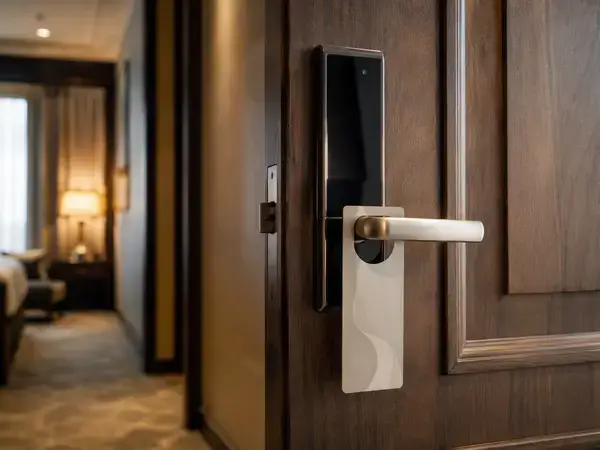 Hotel guest room smart lock protecting guest privacy with no cameras inside 