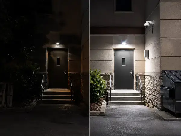 Before and after hotel security fix for a dark unmonitored back entrance 