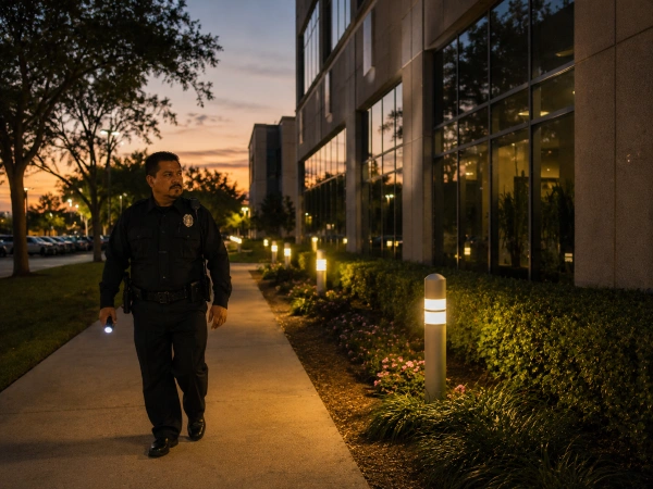 Security guard on patrol at a Houston commercial property at dusk