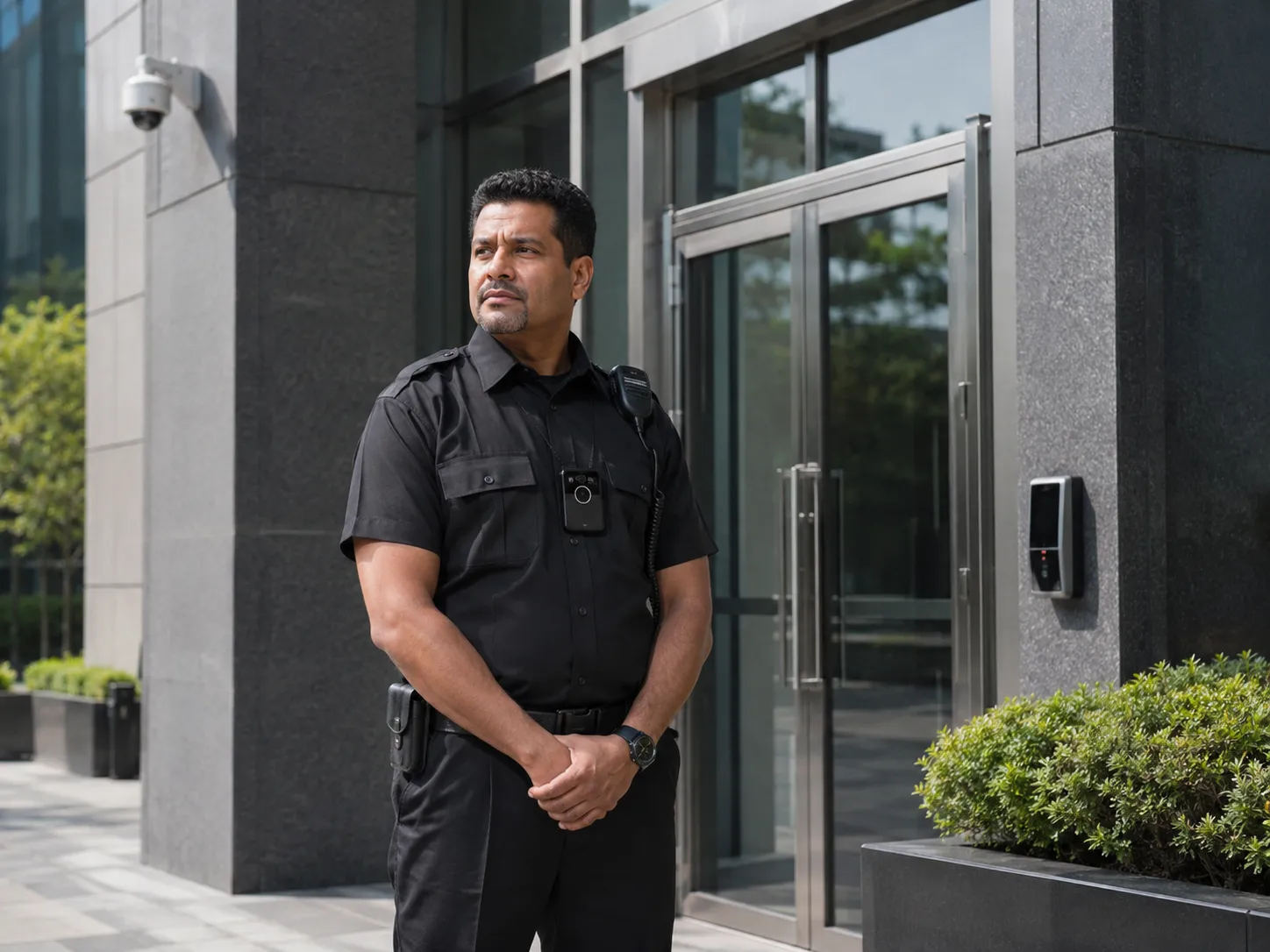 Modern building entrance with security guard