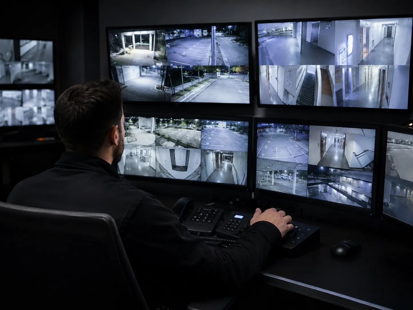 Surveillance control room at night