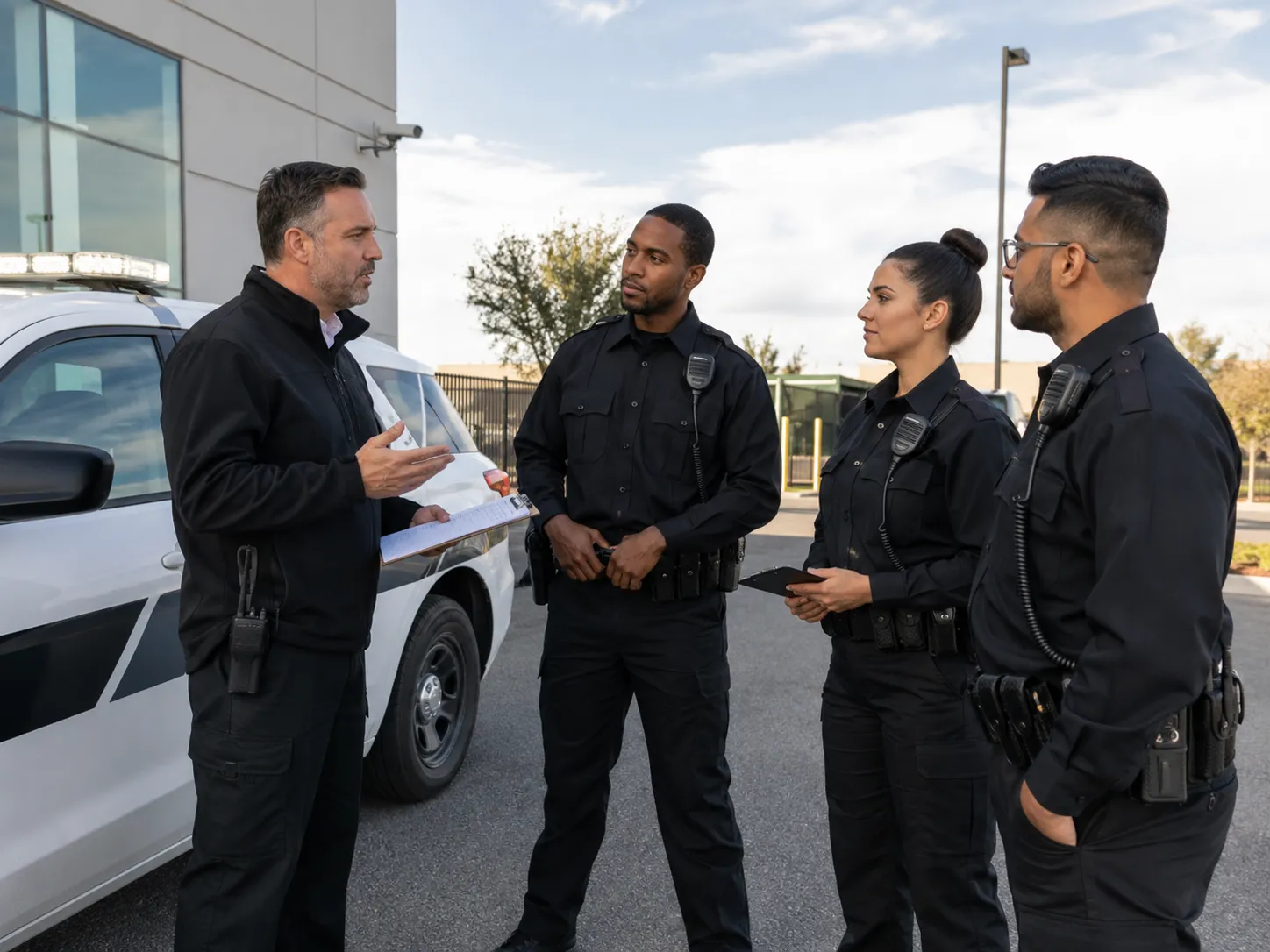 security briefing in industrial parking lot