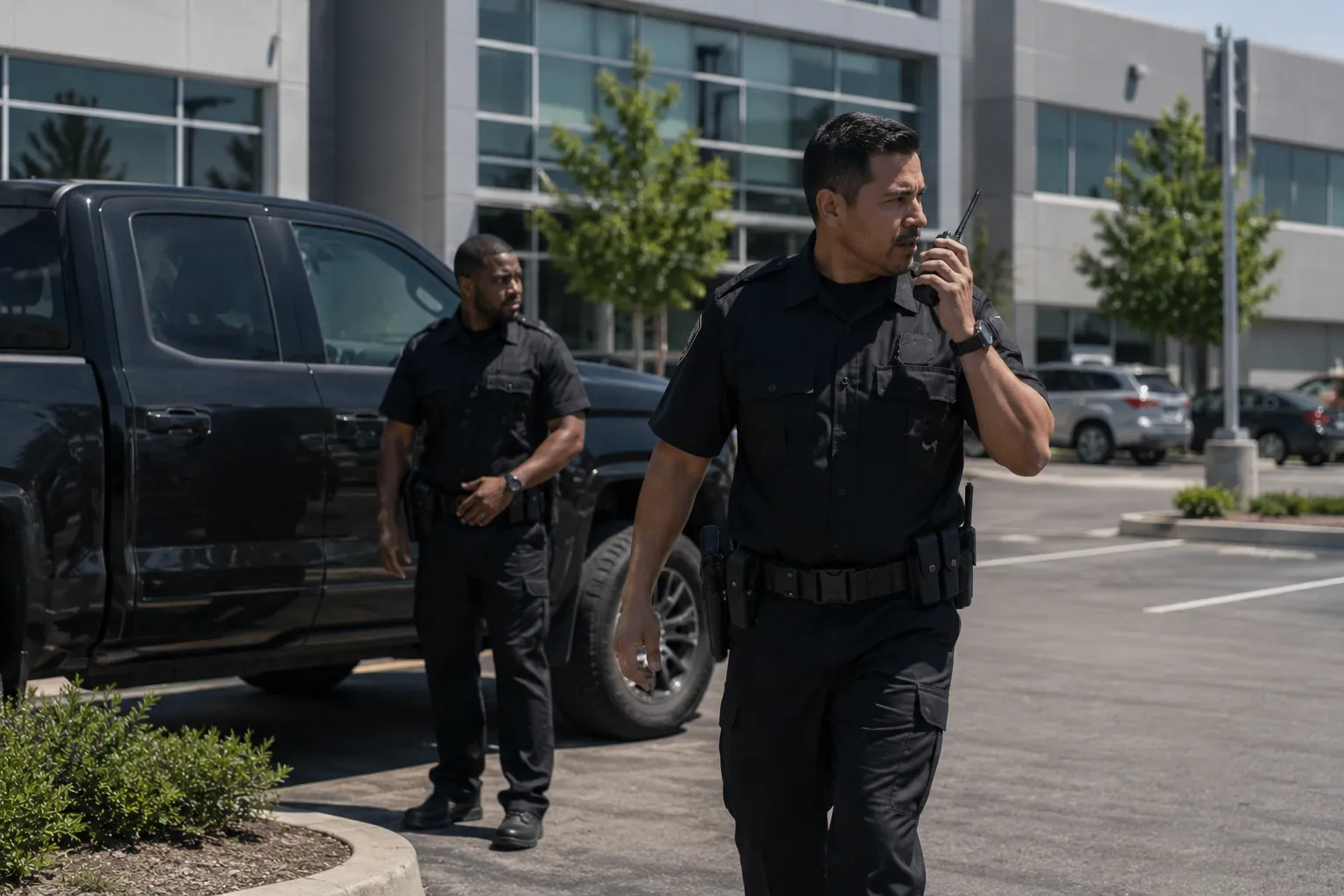 security officers in parking lot.