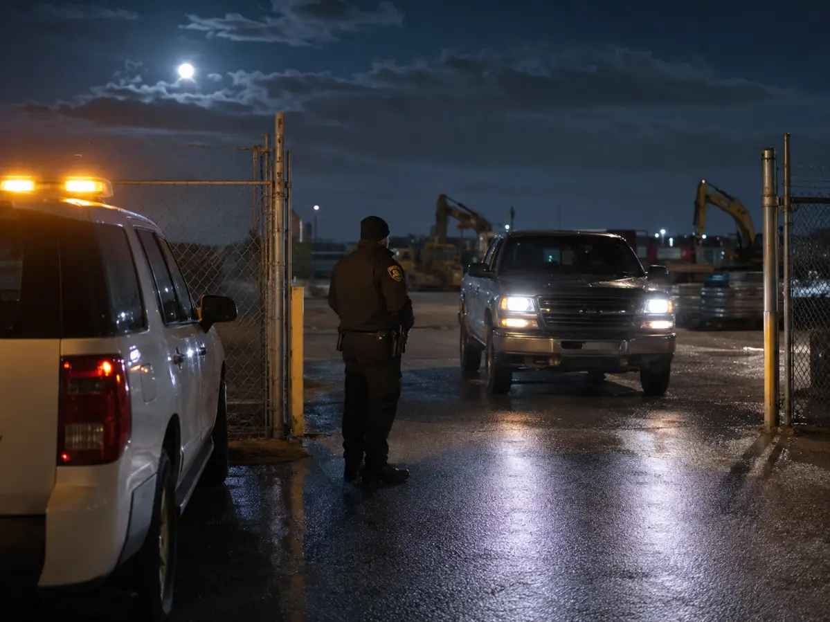 Security officer controlling access at a Houston construction site gate at night