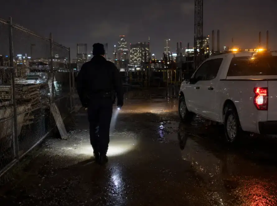 Security guard on night patrol at a Houston construction site