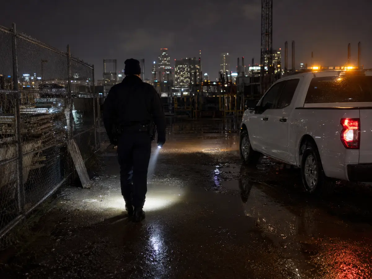Security guard on night patrol at a Houston construction site