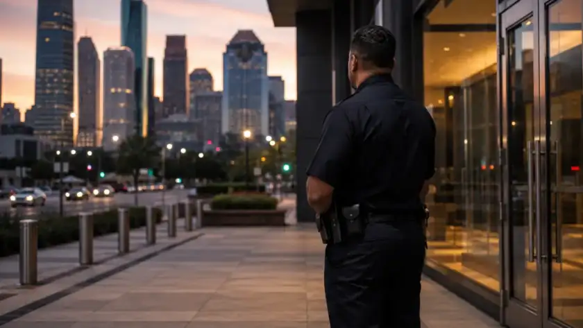 Uniformed security officer on watch at a Houston commercial building entrance at dusk