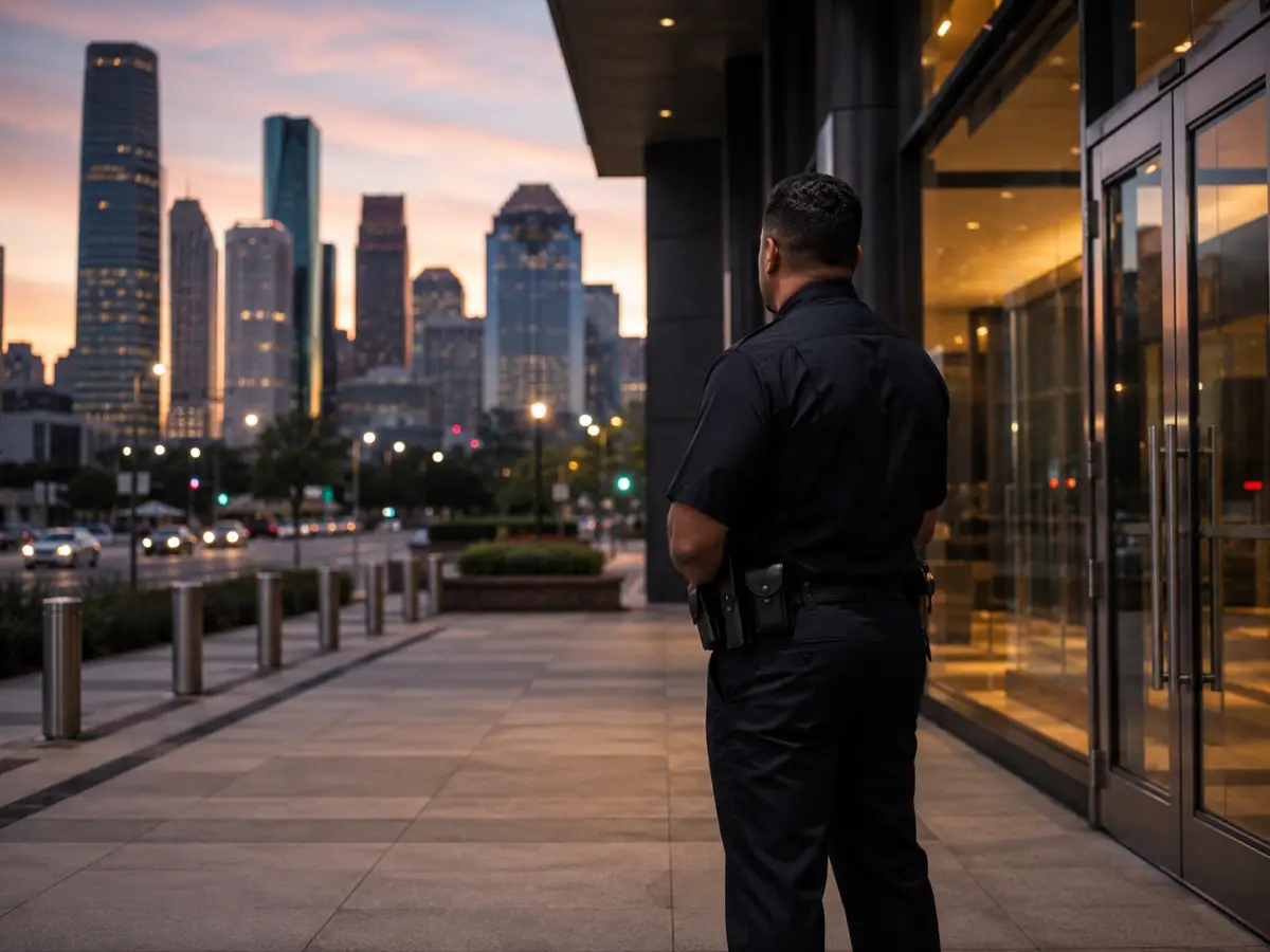 Uniformed security officer on watch at a Houston commercial building entrance at dusk