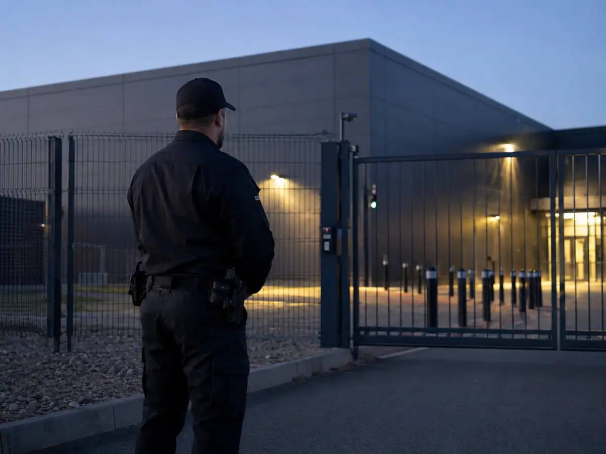 Security officer at the gated entrance of a Houston data center at dusk