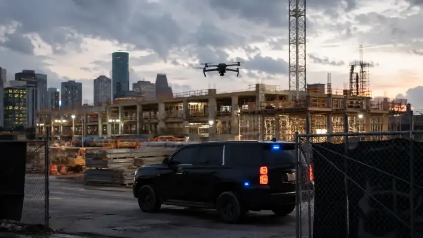 Security drone above a fenced Houston construction site with a patrol vehicle below at dusk