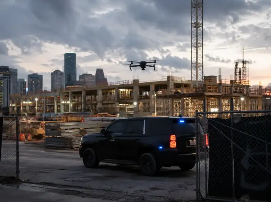 Security drone above a fenced Houston construction site with a patrol vehicle below at dusk