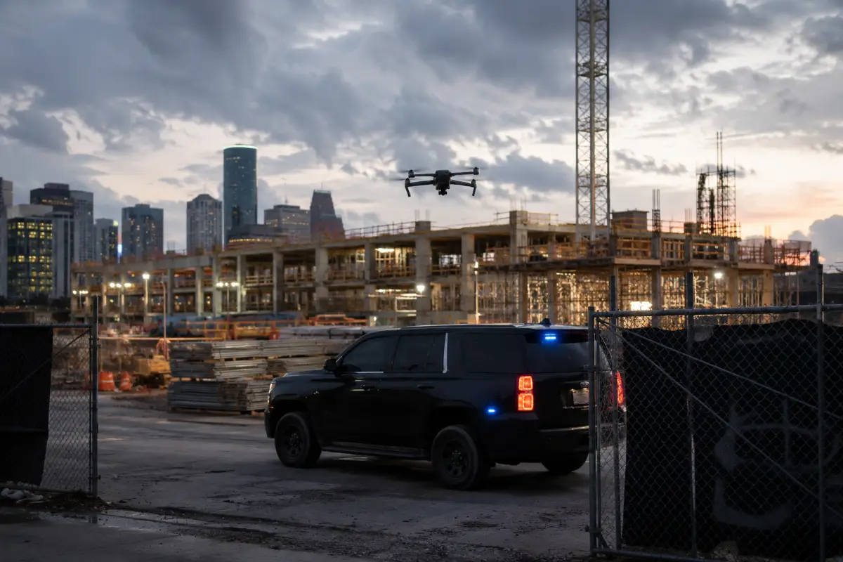 Security drone above a fenced Houston construction site with a patrol vehicle below at dusk