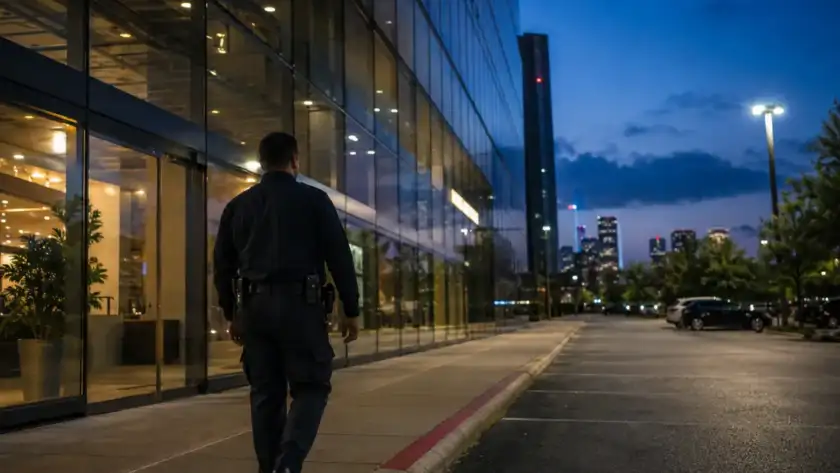 Security officer on foot patrol outside a Houston commercial building at dusk
