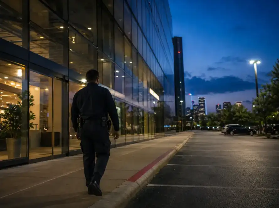 Security officer on foot patrol outside a Houston commercial building at dusk