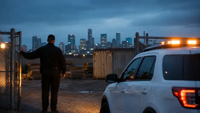 Security officer at a fenced Houston construction site gate at dusk