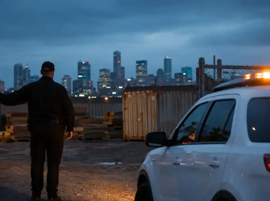 Security officer at a fenced Houston construction site gate at dusk