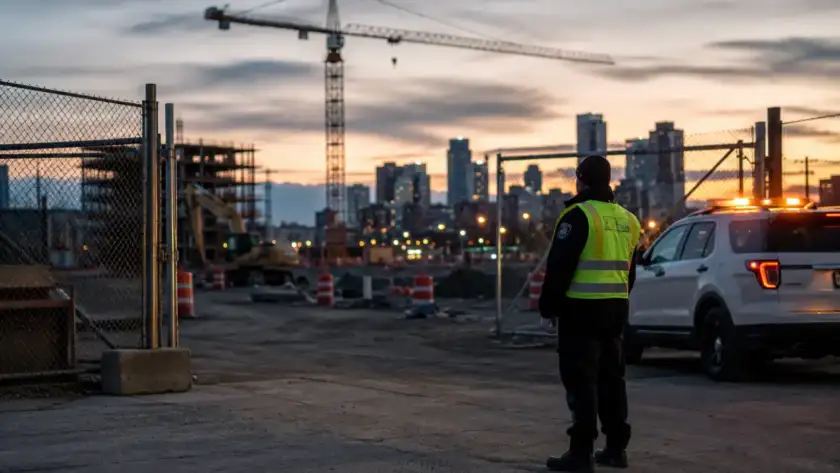 Security officer at the gated entrance of a Houston construction site at dusk