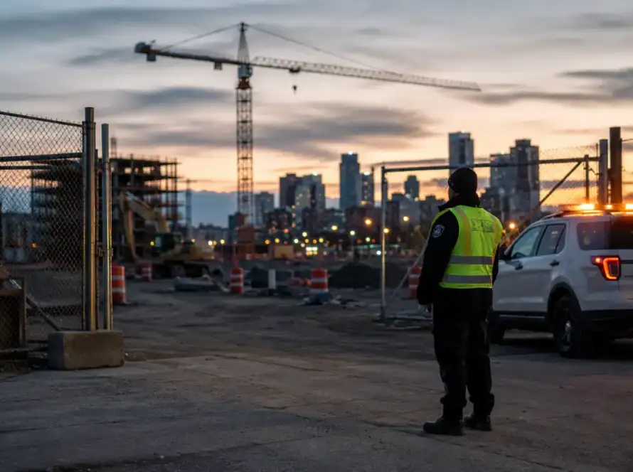 Security officer at the gated entrance of a Houston construction site at dusk