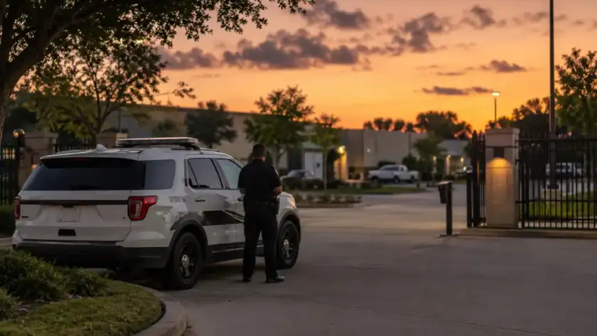 Uniformed security officer beside a patrol vehicle at a Houston commercial property at dusk