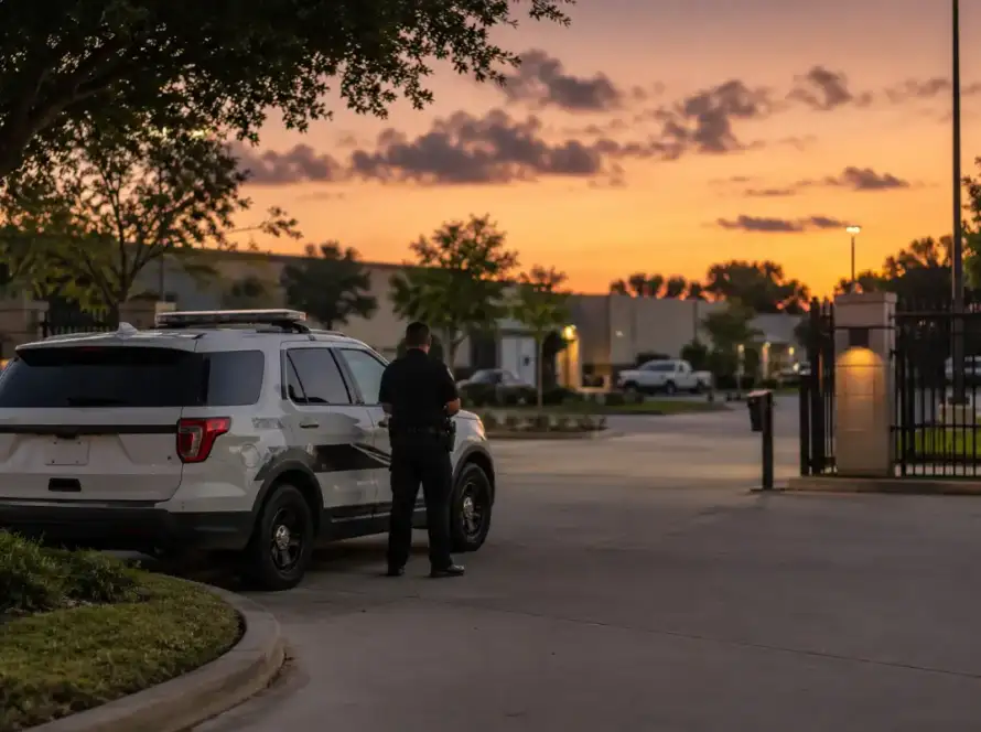 Uniformed security officer beside a patrol vehicle at a Houston commercial property at dusk