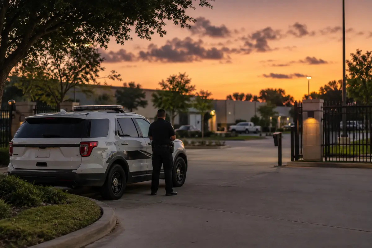 Uniformed security officer beside a patrol vehicle at a Houston commercial property at dusk