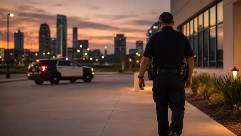 Uniformed security officer on evening patrol at a Houston commercial property