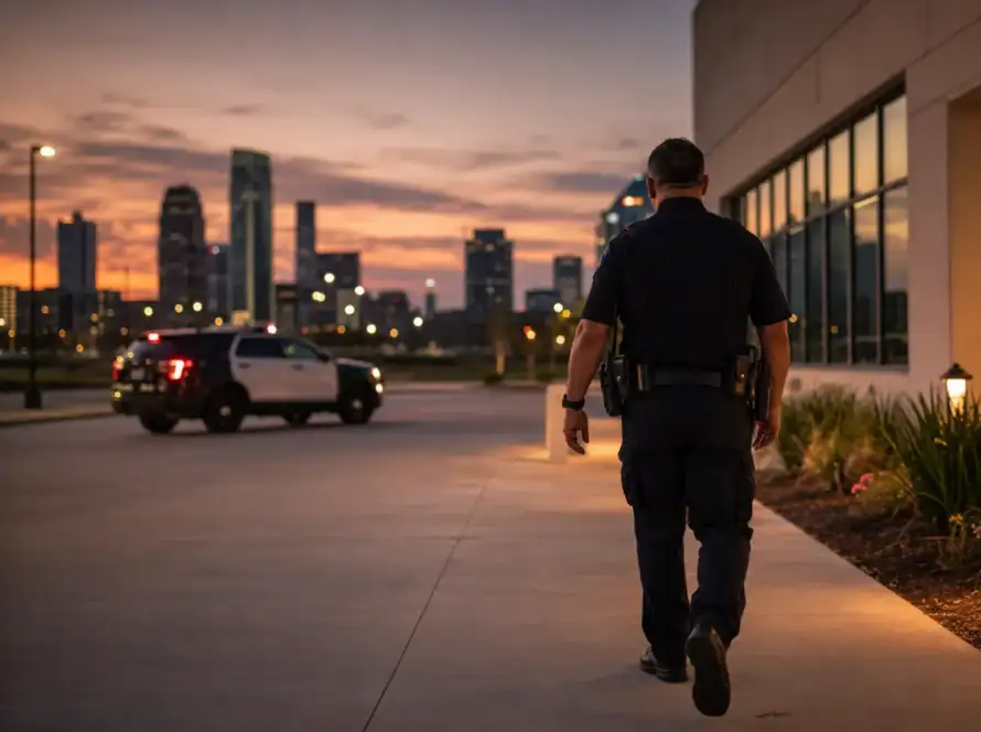 Uniformed security officer on evening patrol at a Houston commercial property