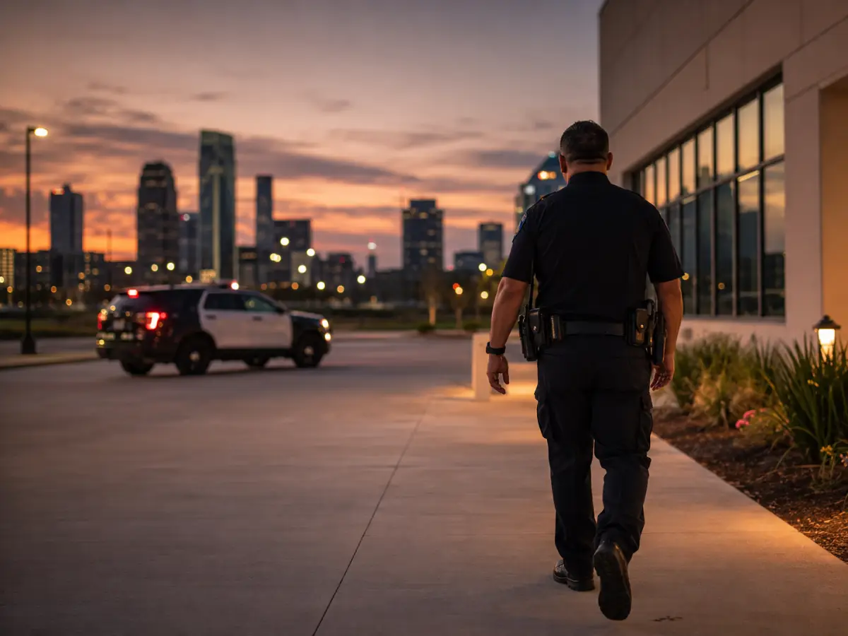 Uniformed security officer on evening patrol at a Houston commercial property