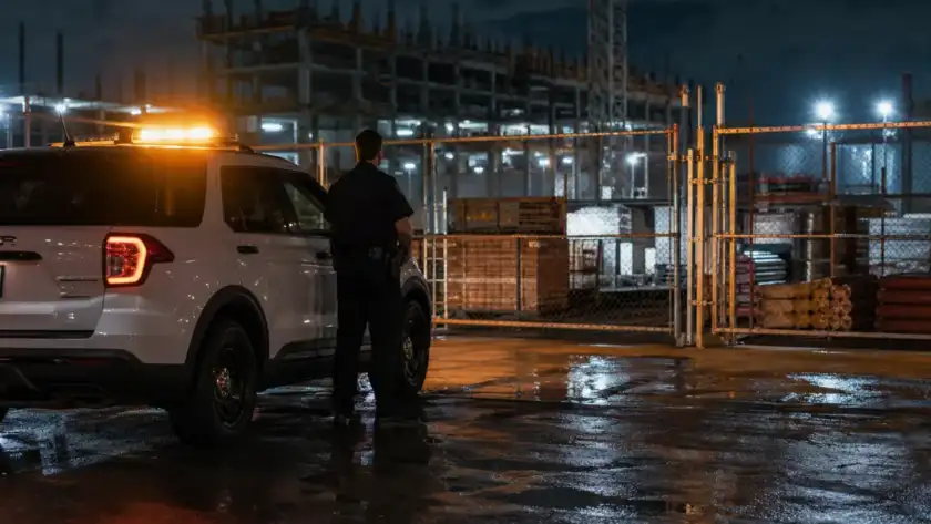 Night security guard on patrol beside a vehicle at a Houston construction site gate