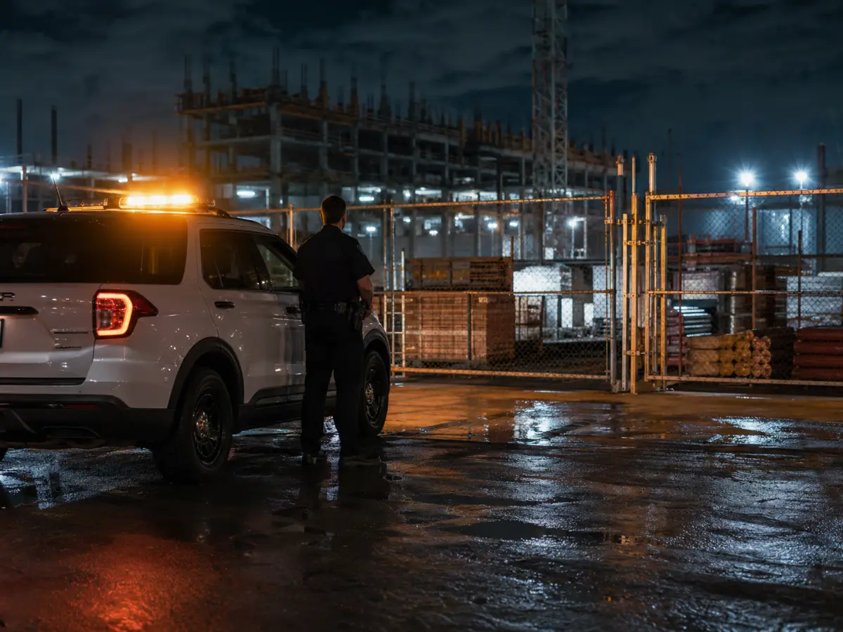 Night security guard on patrol beside a vehicle at a Houston construction site gate