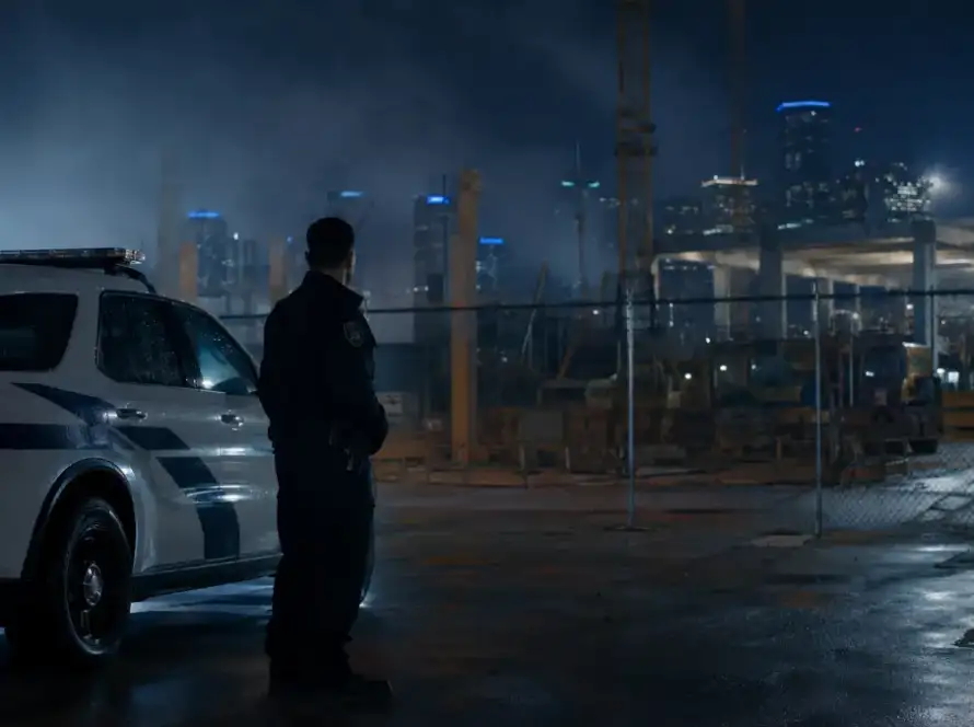 On-site security officer and patrol vehicle at a Houston construction site at night