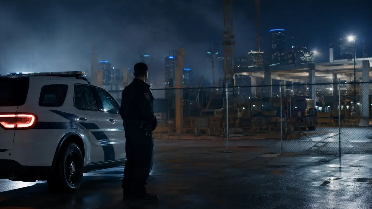 On-site security officer and patrol vehicle at a Houston construction site at night